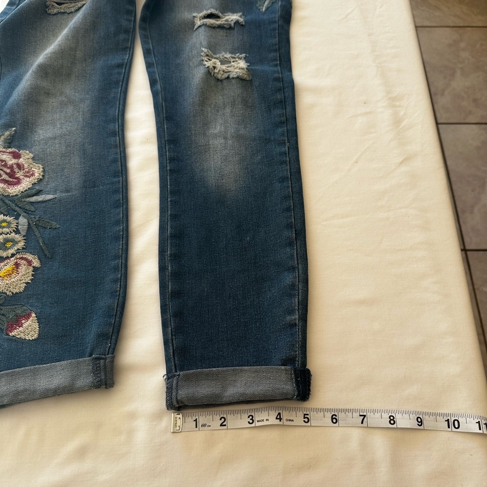 YMI Distressed Blue Jeans with Floral Embroidery,Distressed,Boho Style - Picture 9 of 12